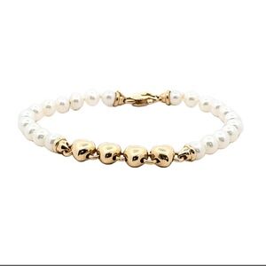 Vintage 14K Yellow Gold Freshwater Pearl Puffy Heart Bracelet